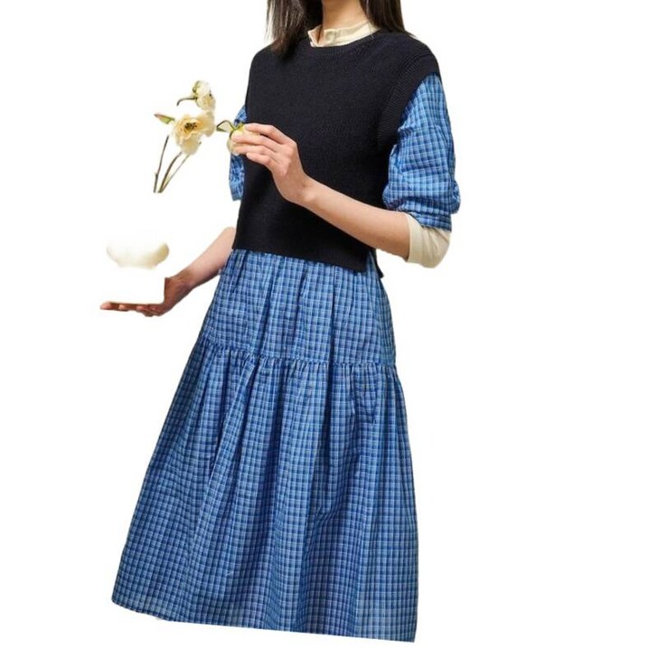 국내매장판 빈폴 레이디스 미디원피스 니트 베스트 패치 체크 원피스 블루 BF5371C04P 192507