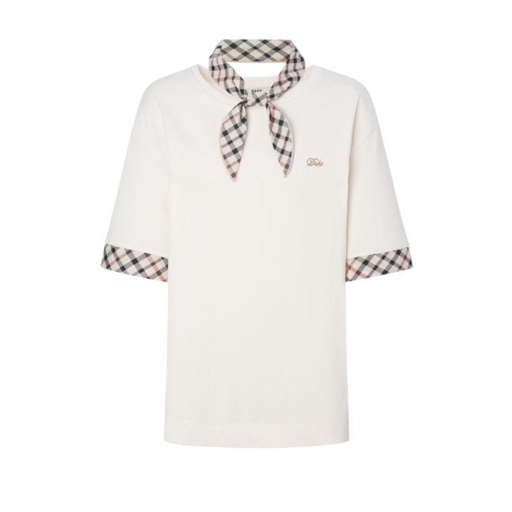 정품 빅세일 닥스 체크 스카프 세트 구성 면혼방 여성 루즈핏 반팔 티셔츠