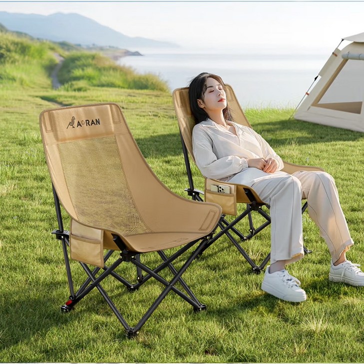 AORAN 각도조절 경량 접이식 캠핑 의자 세트, 2개, 카키 두 배의 통기