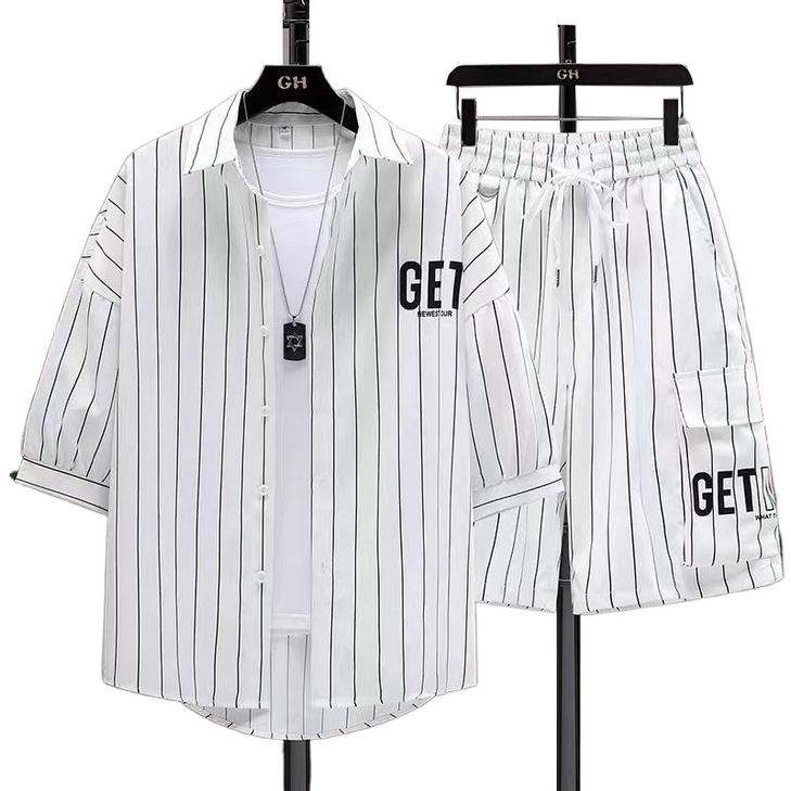 셀럽당 세트 스트라이프 와이드 5부 셔츠 남성 팬츠 여름 얇은 캐주얼 트레이닝 세트