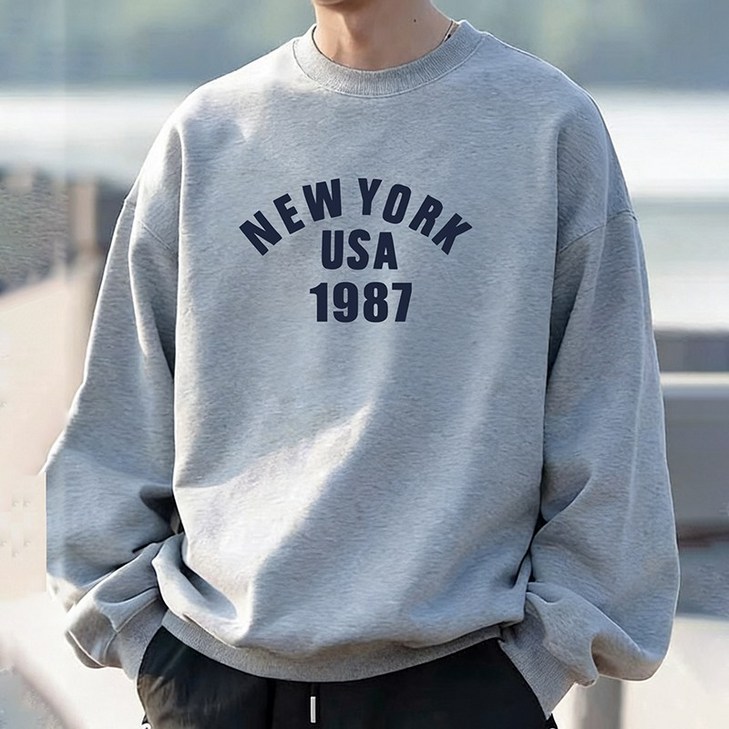 ANYOU 남자 맨투맨 루즈핏 소프트 빈티지 프린트 긴팔티