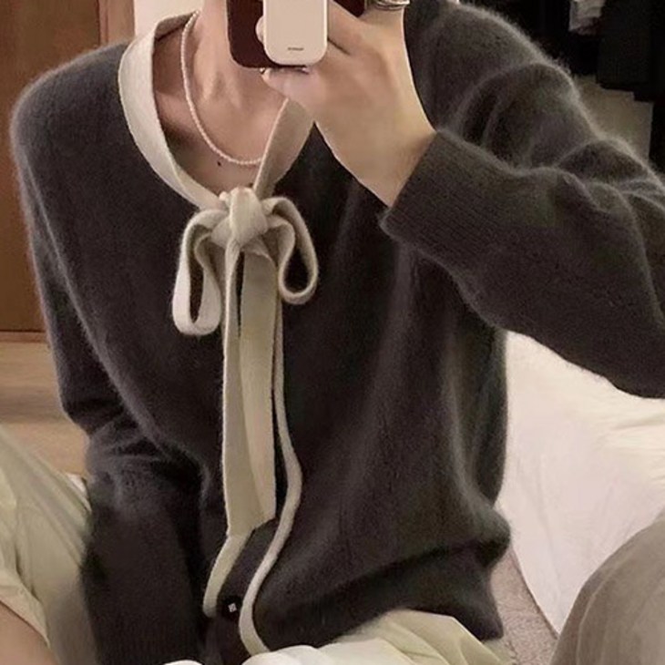 더플로우커머스 여성용 러블리 리본포인트 니트 가디건