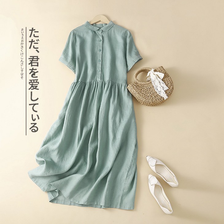 POMTOR여성 여름 대형 루즈한 휴양지 린넨 원피스 노란색 XL