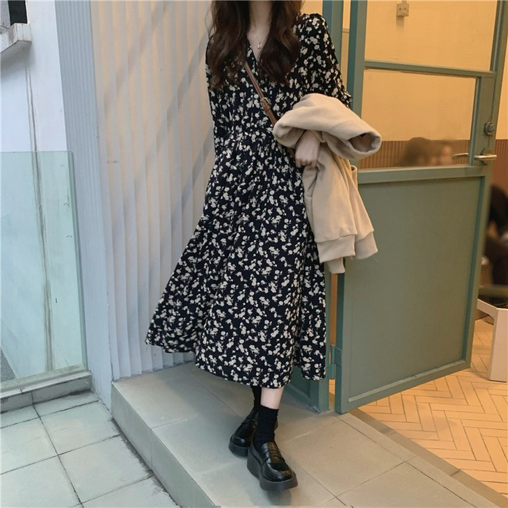 여성 여자 블랙 플라워 쉬폰 잔꽃 롱 원피스 하객룩 긴팔 가을 겨울 롱스커트