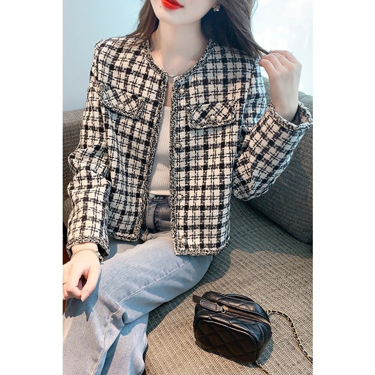 해피유통  여성 봄 가을 격자 무늬 양모 혼방 자켓 아우터 캐주얼 스타일   LWJ