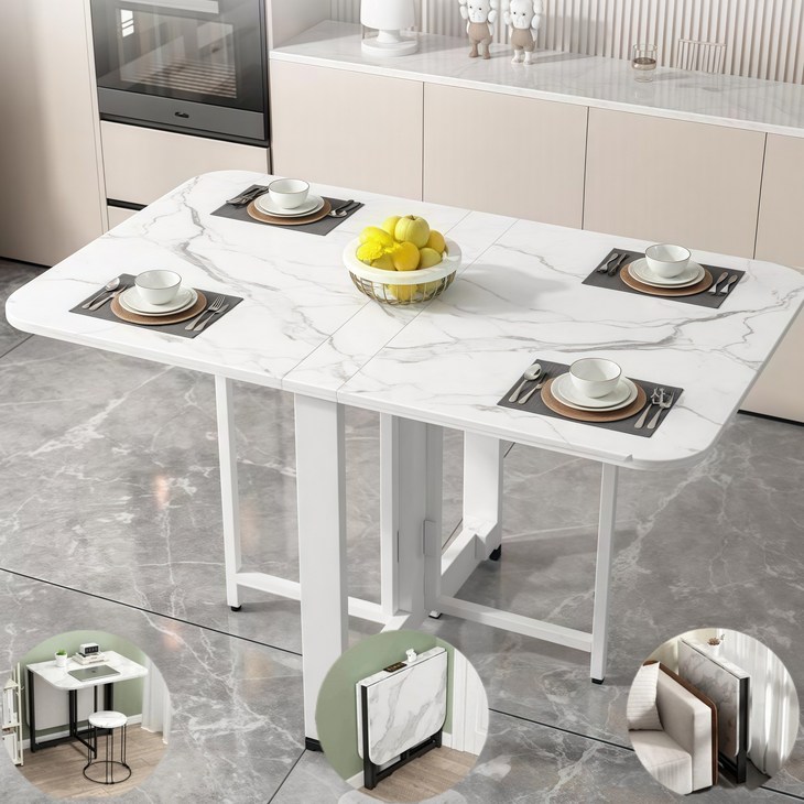 YAPOGI 설치 필요없음 가정용 다기능 확장 가능 대리석 무늬 우드 식탁 모조 세라믹식탁 접이식 식탁, 6인용, 화이트1
