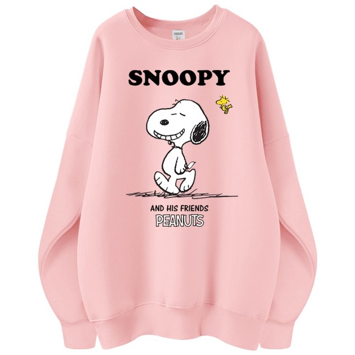 스누피 정품 남녀공용 오버핏 캐릭터 라운드 맨투맨 빅사이즈 데일리 티 루즈핏 커플 티셔츠 남자 여성 롱티 단체티 해피스누피