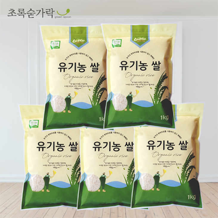 [초록숟가락]유기농쌀 1kgX5EA 2022년 단일품종 신동진 국내산, 1포, 유기농쌀 1kgx5