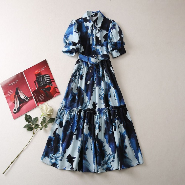 2023 여름 신상 원피스 여성용 반소매 블루 프린트 슬림 드레스
