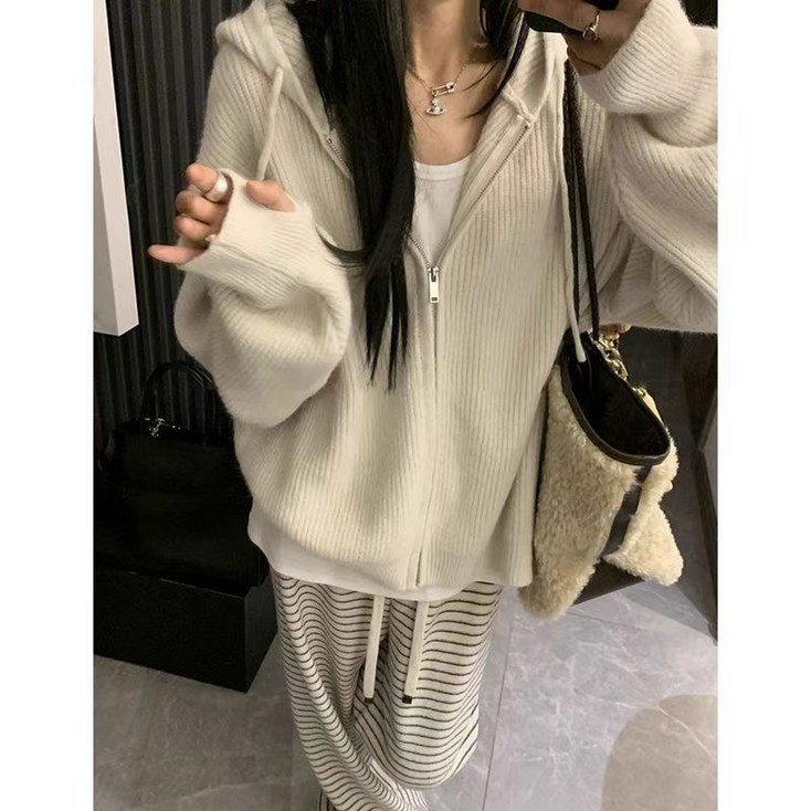 부드러운 니트 후드 맨투맨 심플한 지퍼 가디건 아우터