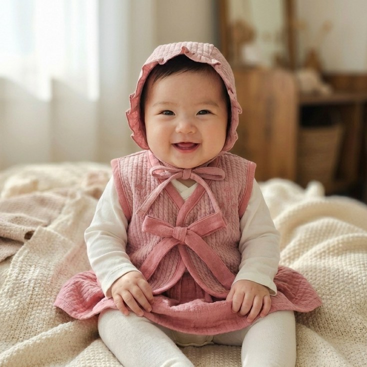 로이앤한나 설 구정 추석 100일 백일 3개월 6개월 9개월 신생아 돌 베이비 여아 여자아기 핑크 한복 슈트 개량 계량 한복 생활한복 3종 세트