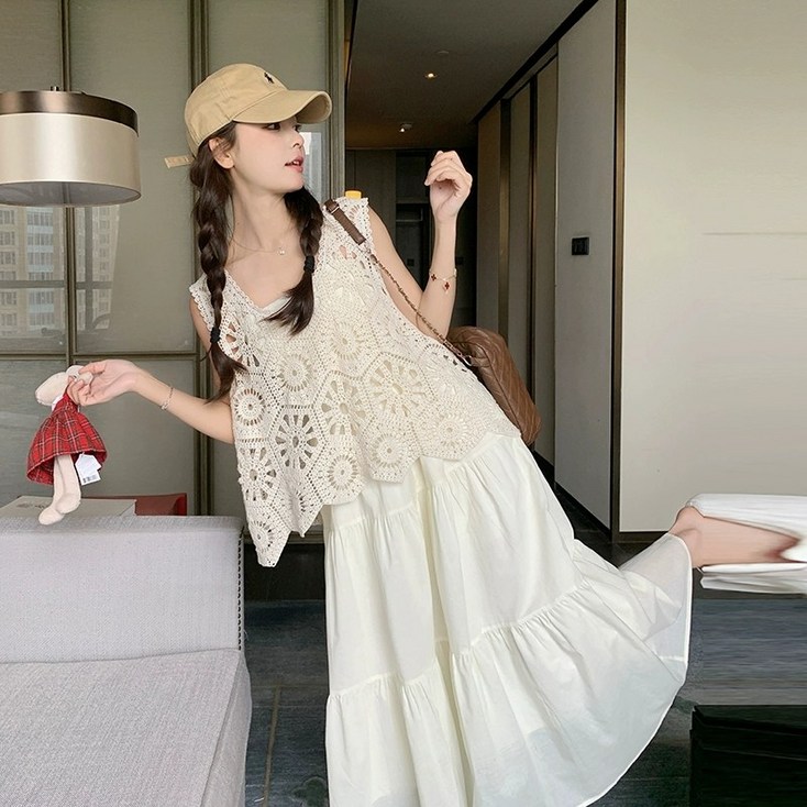 HA.M 봄여름 레이어드 베스트원피스 니트 펀칭 나시롱 원피스