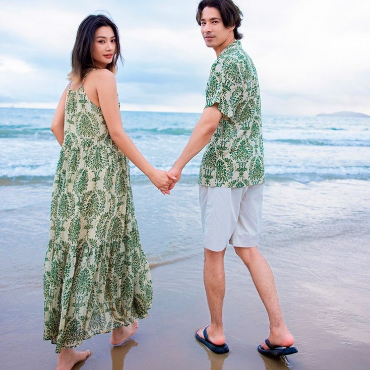 4477 동남아 토템 신혼여행 커플룩 여성 여름 바캉스 롱원피스 휴양지 허니문 하와이안 비치룩 시밀러룩 반팔셔츠 세트 휴가 여행용 베트남 해변옷