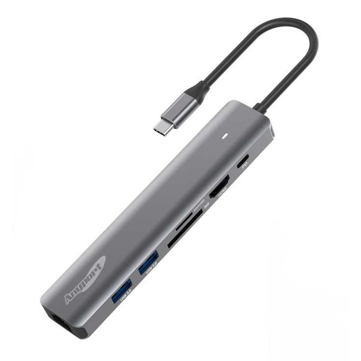 애니포트 7 in 1 C타입 앤 USBA 맥북 삼성 덱스 미러링 멀티포트 USB 허브 APTC760, 그레이