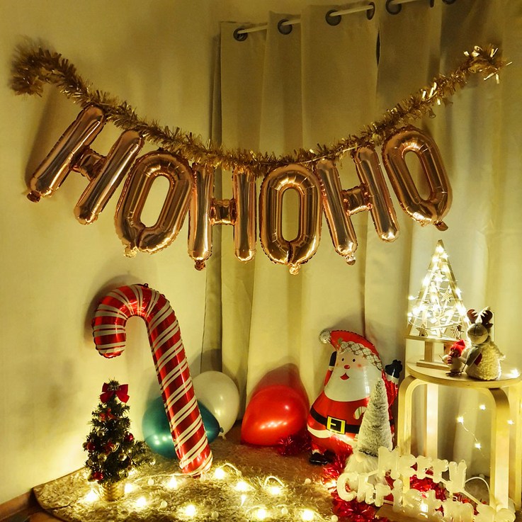 HOHOHO 크리스마스 풍선 파티세트(이니셜+루돌프코+지팡이풍선+산타풍선), 실버