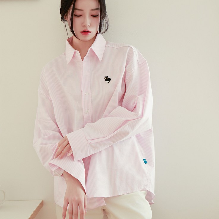 힙스터캣 남녀공용 30수 옥스포드 오버핏 스트라이프셔츠 피치핑크 힙스터캣 남녀공용 30수 옥스포드 오버핏 스트라이프셔츠 피치핑크