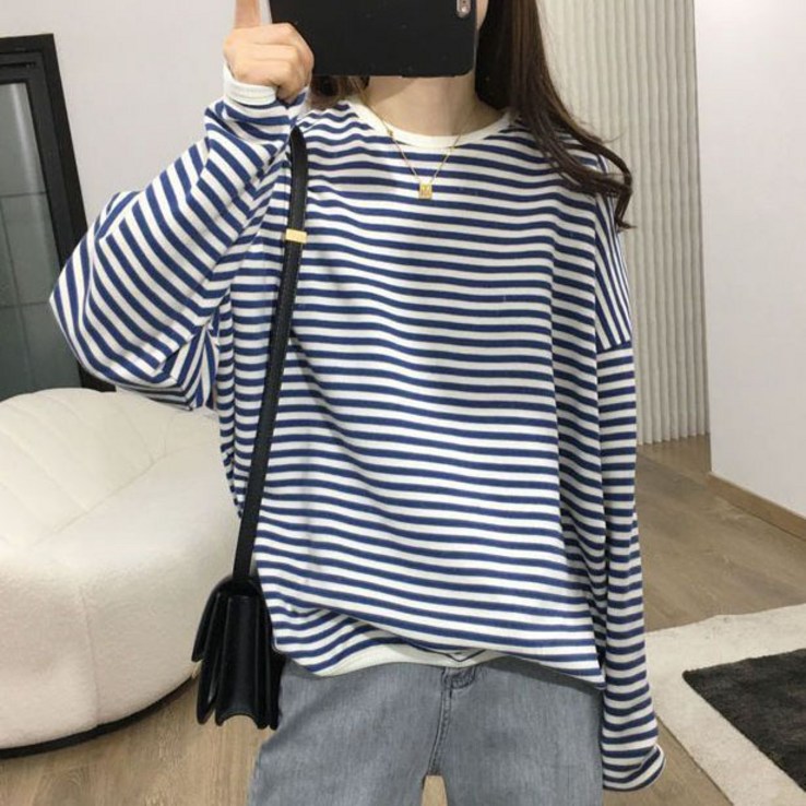 여성 스트라이프 단가라 라운드 티셔츠 여성 스트라이프 단가라 라운드 티셔츠