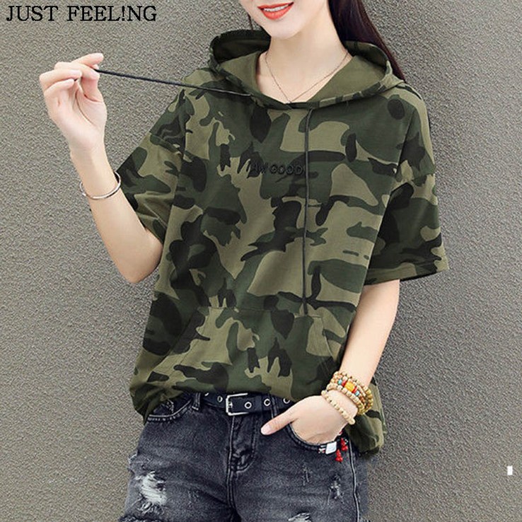 JUST FEEL!NG 여름 여성용 후드 카무플라주 티셔츠 반팔 슬림핏 질좋은 의류 데일리룩 패션 20230719