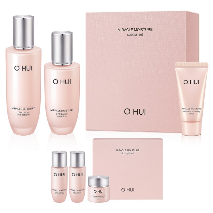 오휘 미라클 모이스처 핑크 베리어 스킨 150ml 에멀전 100ml 크림 25ml 미라클 모이스처 미니어처 기초화장품 3종 키트