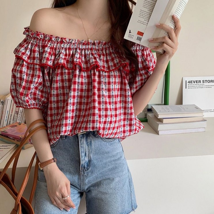 오프숄더 레드체크 레이스 포인트 블라우스 pdy3910jq 오프숄더 레드체크 레이스 포인트 블라우스 pdy3910jq