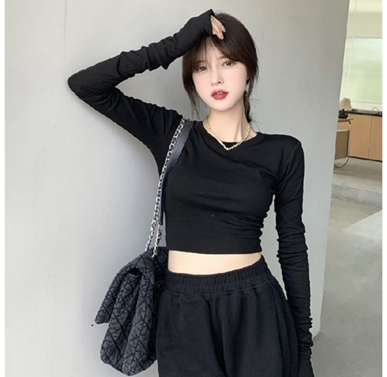 라라온 여성용 베이직 라운드 긴팔 무지 크롭 티셔츠 TSP999