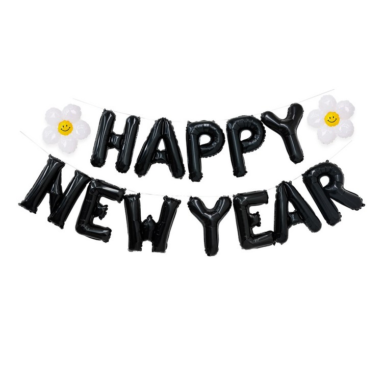 로나파티 은박풍선 HAPPY NEW YEAR 블랙 데이지 꽃풍선, 1개, 해피뉴이어 이니셜 풍선 블랙  데이지S 2P