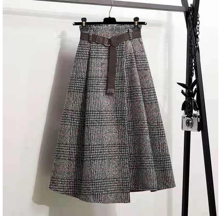 여성용 봄 가을 겨울 모직 체크 플레어 A라인 미디 롱스커트