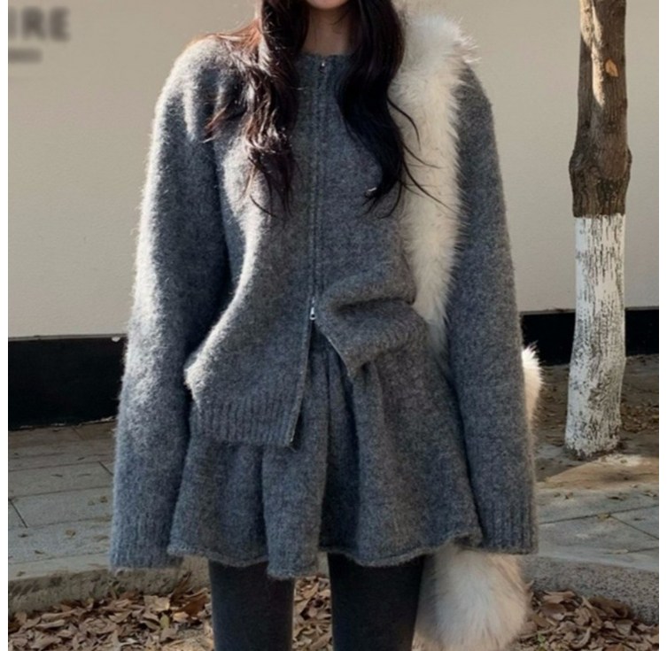 ZAJA 여성 니트 투피스 가을 겨울 캐주얼 집업 가디건 미니 스커트 세트