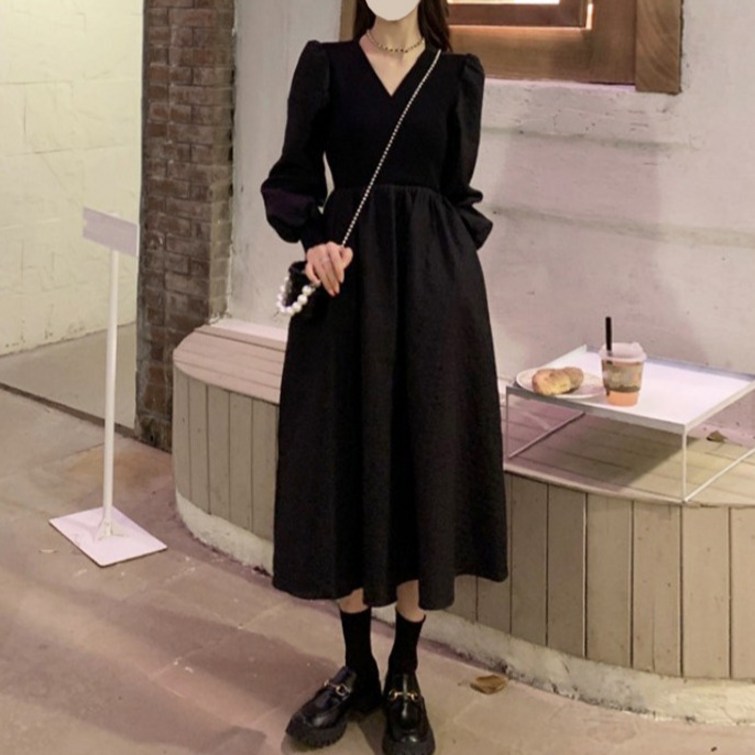여성용 구디프 세련 브이넥 긴팔 원피스