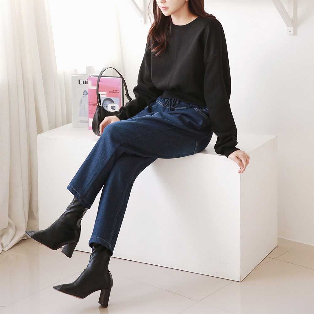 빅빅몰 [편한바지] 융기모 여성용 배기 청바지 본딩 기모 밴딩 데님 빅사이즈 - thumb image