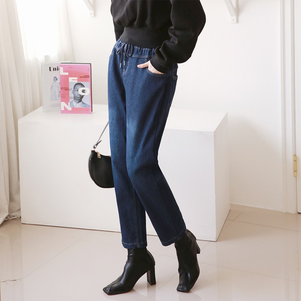 빅빅몰 [편한바지] 융기모 여성용 배기 청바지 본딩 기모 밴딩 데님 빅사이즈 - thumb image